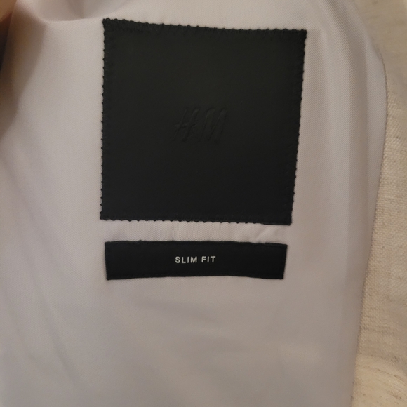 H&M Mens Slim Fit Linen Blazer Large Light Beige Summer Wedding Jacket - Picture 5 of 8